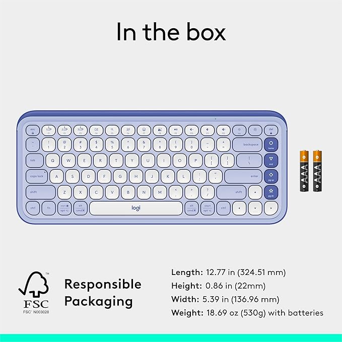 Logitech POP ICON Keys Wireless Bluetooth Keyboard, Comfortable Typing, Programmable Keys, Easy-Switch Between up to 3 Devices, for Laptop, Tablet, PC – Lilac and Off-White
