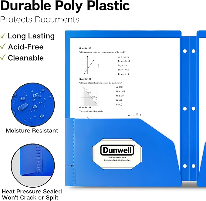 Dunwell Plastic 2-Pocket Folders for 3-Ring Binders, (3 Pack, Blue) 3 Hole Punched, Divider Folder for Notebooks, Durable Poly, Fits 8.5x11 Sheets, Includes Labels