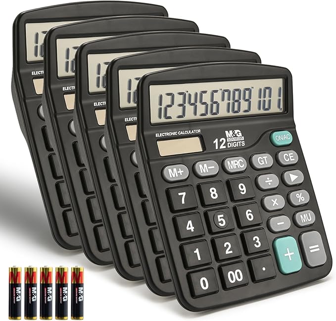 M&G Desk Calculator 12 Digit Office Calculators with Large LCD Display, Dual Solar Power and Battery, Recessed Big Button Calculator for Office Home School (Black, Pack of 5)