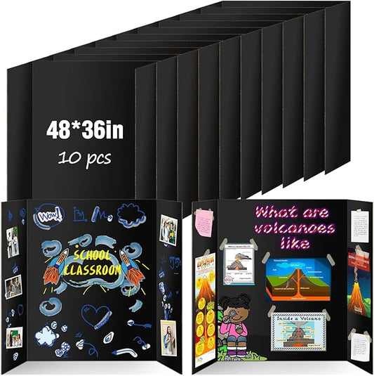 10 Pack Trifold Poster Board 48" X 36", IKAYAS Double Sided Black Poster Boards, Science Fair Display Boards for Mounting, Prints,Art,Display,Projects Classroom Supplies