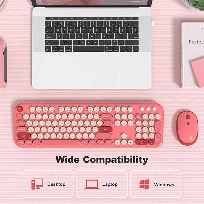 MOFII Wireless Keyboard and Mouse Combo, Cute Keyboard Full Size and Wireless Mouse, 2.4GHz Retro Typewriter Keyboard Wireless Mouse Set for PC/Desktop/Laptop/Windows (Hot Pink)