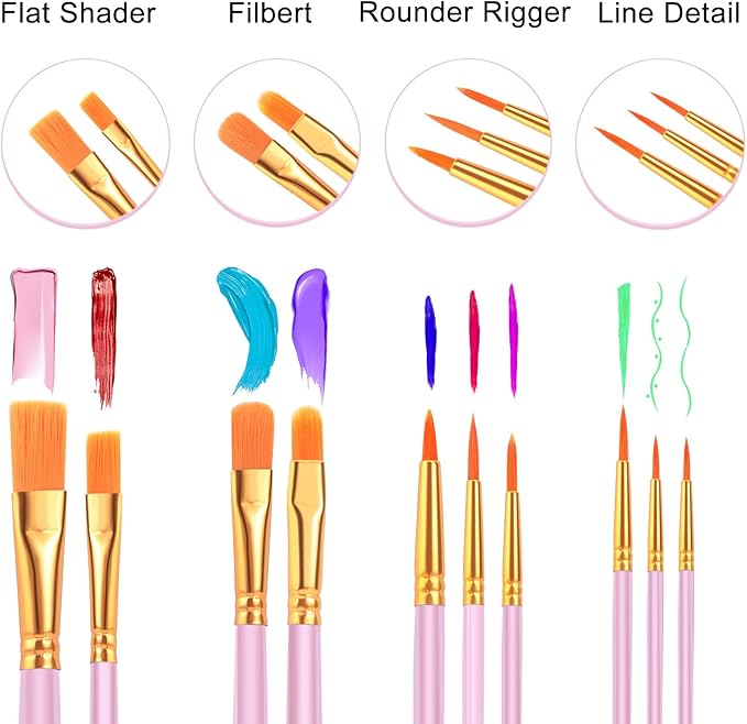ESRICH Paint Brush Set,6 Packs 60 Pcs Nylon Hair Paint Brushes for Acrylic Painting,Artist Paintbrushes for Acrylic,Oil,Watercolor Painting,Face Nail Art,Paint Brushes for Kids, Pink