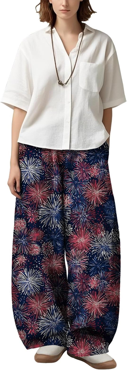 Zaswen Women's Oversize Loose Fit Breathable Pants Wide Leg Lounge Pants Fashion Casual Fireworks Print Trousers with Pockets