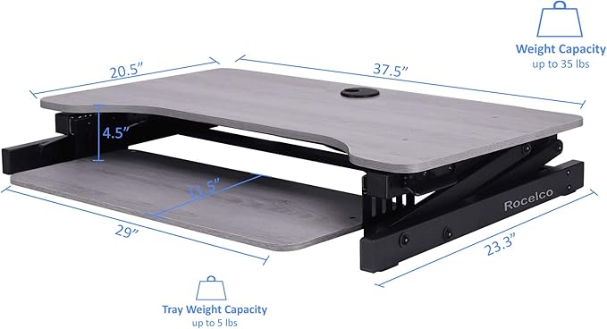 Rocelco 37.5" Height Adjustable Standing Desk Converter with Dual Monitor Mount and Anti Fatigue Mat -Slide Out Retractable Keyboard Tray -Sit Stand Tabletop Riser Workstation -Gray (R DADRG-DM2-MAF)