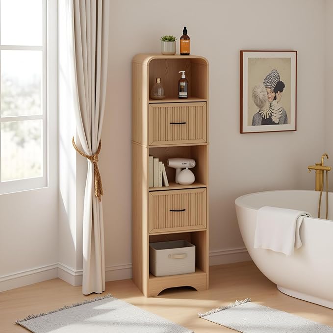 70" Tall Arched Bookcase and Book Shelf, Narrow Bookshelf with Drawers, Modern Wooden Bookshelves w/Adjustable 2 Bins Storage, Skinny bookshelf w/Open Display Shelves for Living Room, Office, Oak