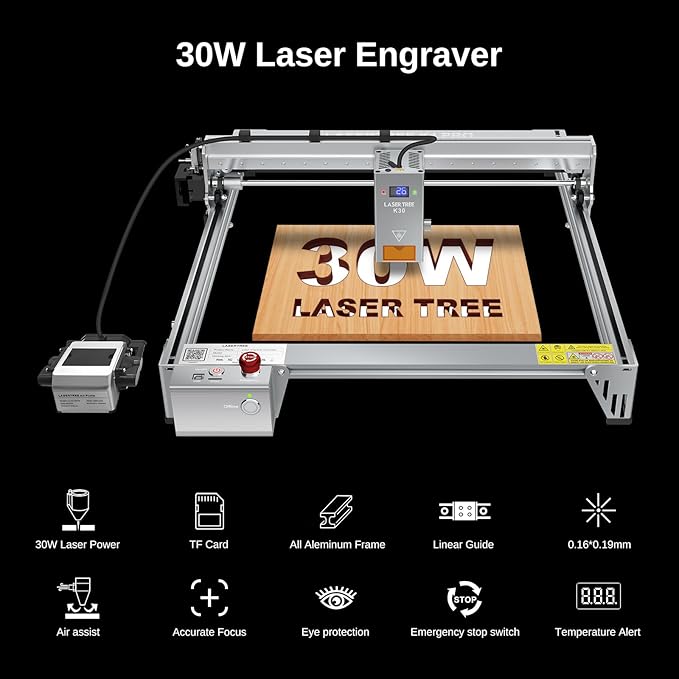 LASER TREE Laser Engraver, 30000mW（30W）Output Power Laser Engraver Machine with Air Assist Pump, High Precision Laser Cutter and Engraver for Wood & Metal Paper Acrylic Glass Leather etc，Class 4
