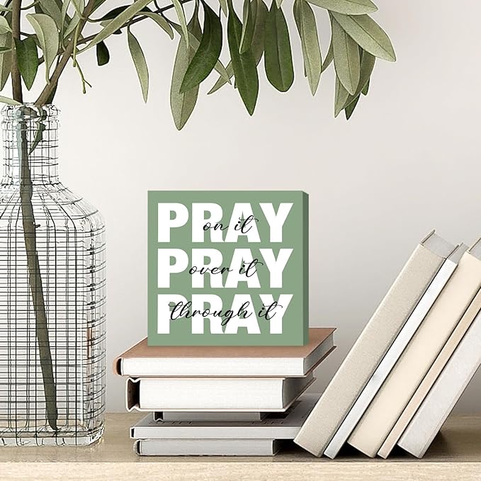 Sage Green Office Desk Accessories Decor Sign Inspirational Green Wooden Box Gift for Women - Pray on It Wooden Plaque for Christian - Bible Verse Wall Art