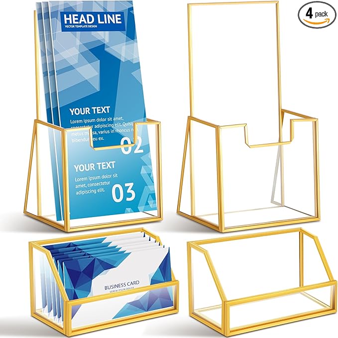 4 Pcs Glass Display Stand Set 2 Gold Glass Brochure Holder Stand 2 Gold Business Card Holder for Office Desktop Countertop Name Card Magazine Literature Journal (4 x 8 '')