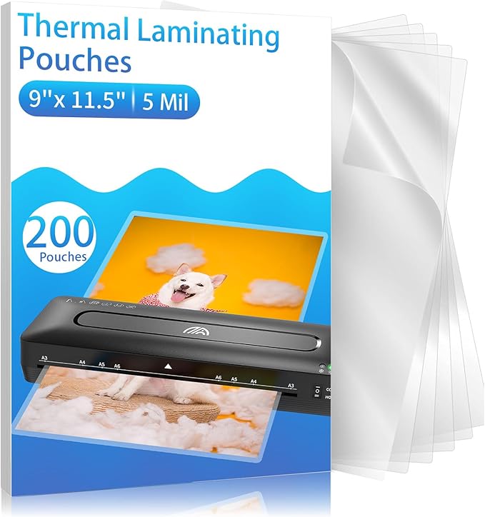 Clear Thermal Laminating Pouches – 9 x 11.5 Inch, 5 mil Thick (200 Pack) – Professional-Grade Lamination Sheets for Documents, Photos & Crafts – Fits 8.5 x 11 Letter Size Paper - [5mil 200 Packs]