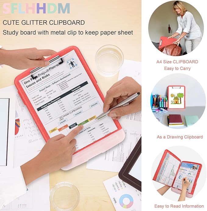 Glitter Clipboard with Storage,Storage Clipboard with Pen Holder,A4 Binder Clip Boards 8.5x11 with Low Profile Clip,Side Opening Sparkle Clipboards,Clipboards Folder for Office Supplies-Grapefruit Red