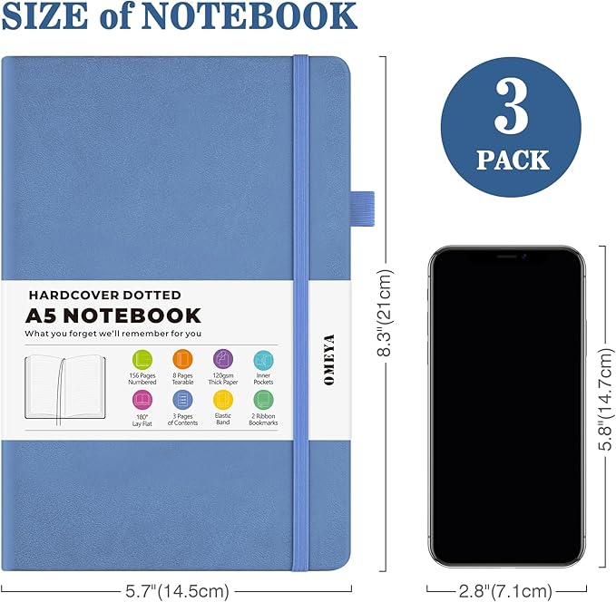 Bullet Dotted Journal Notebook 3 Pack, A5 Dotted Journal with 120gsm Paper, Leather Dotted Notebook, Hardcover Dot Grid Notebook Each with 156 Nmubered Pages, Dot Journal for Women, 5.75" × 8.38"