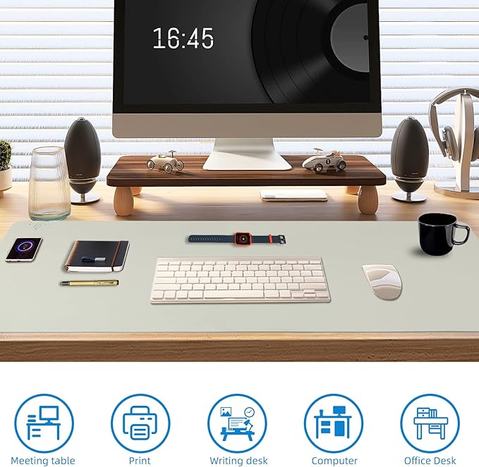 Wireless Charging Mouse Pad with for Desktop Charging Large Desk Mat 36"x17" Waterproof Gray Leather Computer Mat Mousepad Non-Slip Protector on Top of Desks for Keyboard and Mouse(Gray-R)