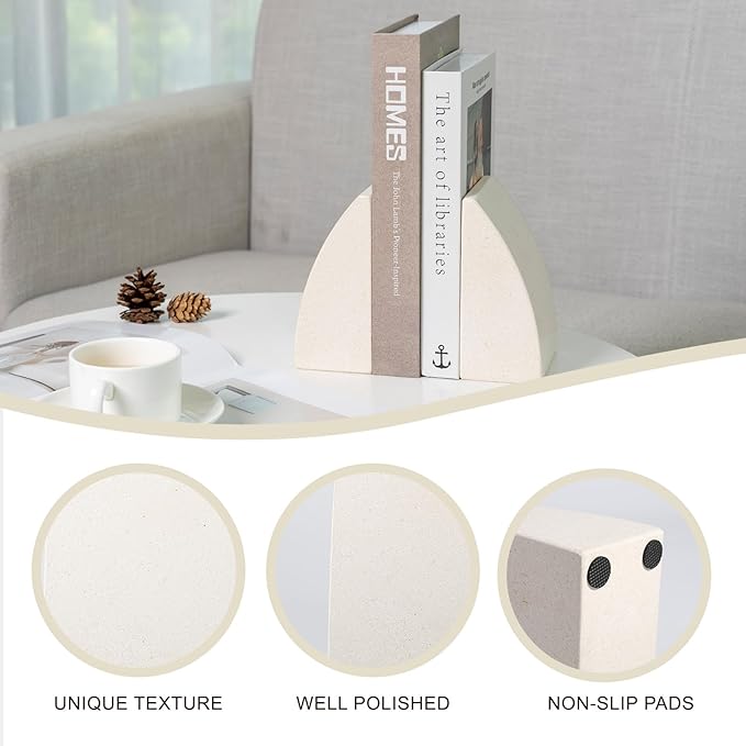 Koville Marble Bookends for Shelves, Large Bookends for Heavy Books, Natural Stone Book Stopper for Books CD Movies, Aesthetic Decorative Book Ends (Sail-Beige)