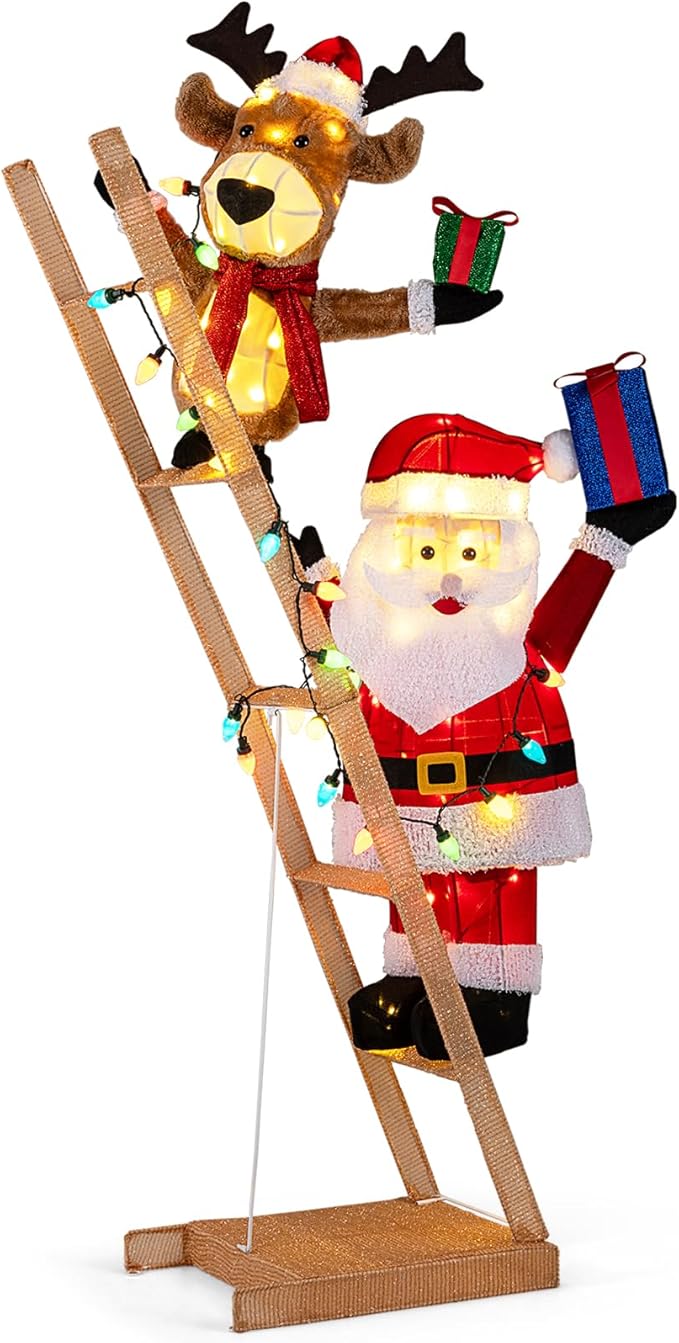 Tangkula 5.5 FT Lighted Reindeer & Santa Claus on Ladder, 3D Pre-Lit Indoor Outdoor Christmas Decoration with 100 LED Lights, Zip Ties and Ground Stakes, Xmas Holiday Decoration for Home Yard Porch