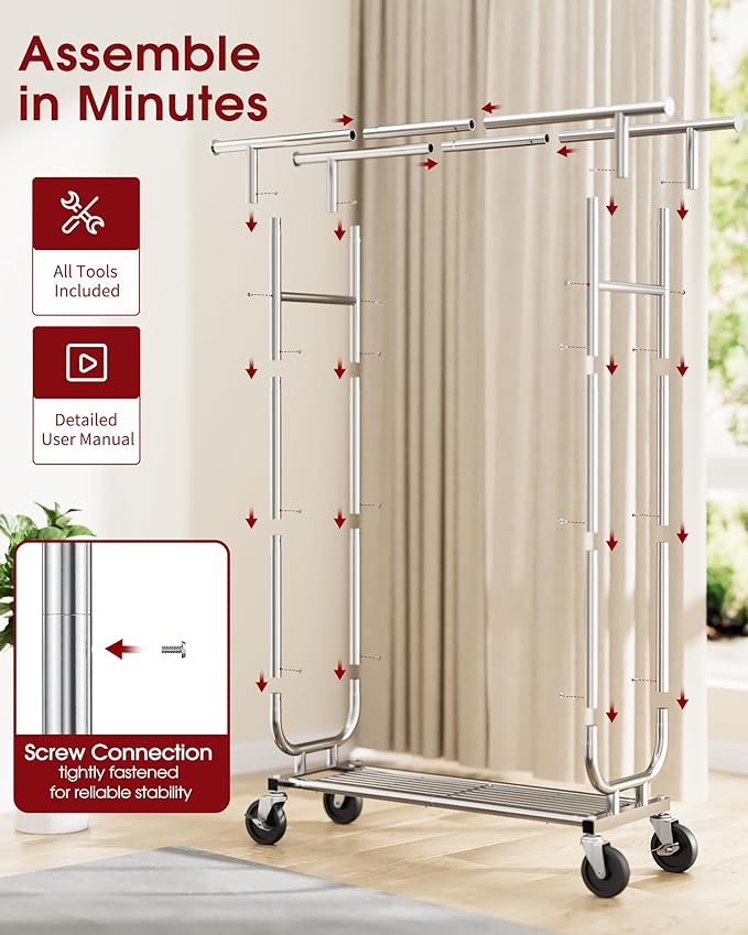 Heavy-Duty Clothes Rack - Double-Rod Stainless Steel Garment Rack with 4-inch Lockable Wheels, Clothing Racks for Hanging Clothes in Bedroom, Laundry Room, 43.3"×16.5"×61.0", Silver