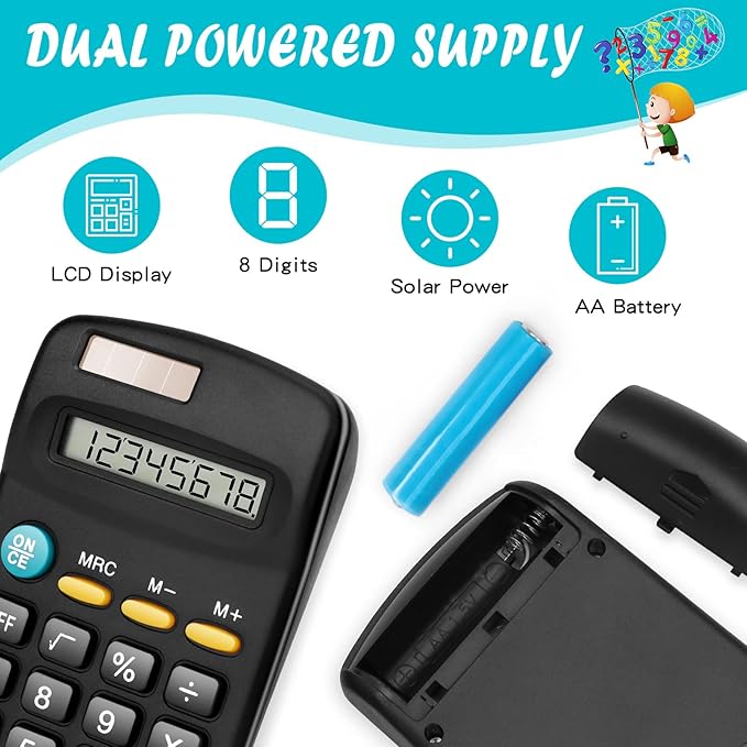 24 Pack Basic Mini Calculators - 8 Digit Display, Solar Battery & AC Power, Handheld for Office, School & Home