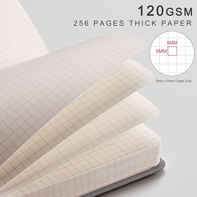 EMSHOI A5 Graph Paper Notebook - 256 Pages PU Leather Hardcover Journal, 120gsm Thick No-Bleed Grid Paper Notebook for Women Men Work School Math Engineering, 5.75" x 8.38" Khaki