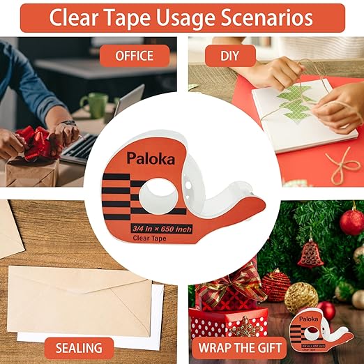 PALOKA Variety Pack Gift Wrapping Tape, 12 Rolls with Dispensers, Includes Invisible Tape, Double-Sided Tape, Clear Tape for Wrapping Paper, Back to School, Home, Office, Christmas, Holiday