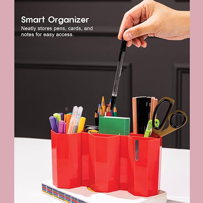 AonT Design Small Desk Organizer - Red Pen Tray & Holder (Multi-Compartment) (Made in Korea) – Modern Office Storage Supplies Organizer and Aesthetic Decor for Accessories