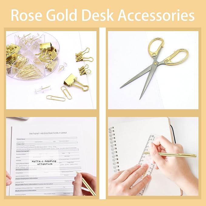 Gold Office Supplies,UPIHO Gold Desk Accessories,Stapler and Tape Dispenser Set with Large Stapler,Tape Dispenser, Staple Remover, Staples, Clips,Scissor,Pen and Sticky Notes,Gifts for Office Clerks