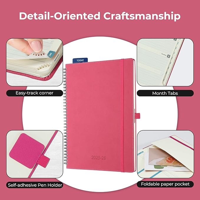 Planner 2025-2026 Daily Weekly and Monthly,11.5"x8.5",18 Months Spiral Bound Calendar Agenda with Self-adhesive Pen Holder,2026 Academic Plan with Vegan Leather Soft Cover,Rose Red