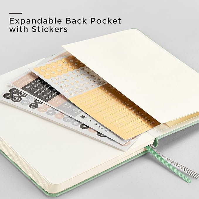 &And Per Se Dotted Journal Notebook, A5 Hardcover Leather Bullet Dotted Journal, 160 Pages 100 gsm Thick Dotted Paper，3 Sheets of Stickers Included - 5.7'' x 8''（Light Green）