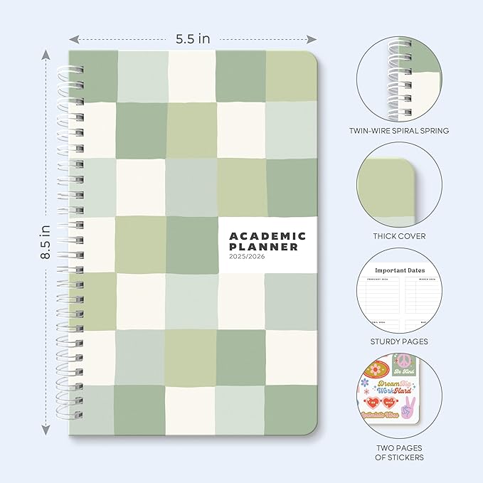 Sweetzer & Orange Academic Planner 2025-2026 – Student Planner for August 2025 to July 2026 – Weekly & Monthly Layout – Sturdy Cover & Stickers – Checkered Green Design – 5.5” x 8.5”