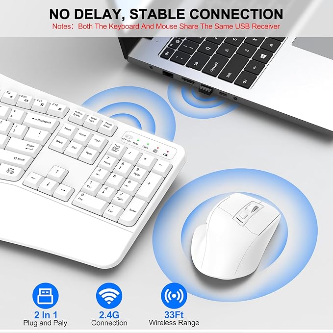 Wireless Keyboard and Mouse Combo, 2.4G Full Size Wave Keys Ergonomic Keyboard with Wrist Rest and 3-Level DPI Adjustable Wireless Ergonomic Mouse for Windows, Mac OS Desktop/Laptop/PC(White)