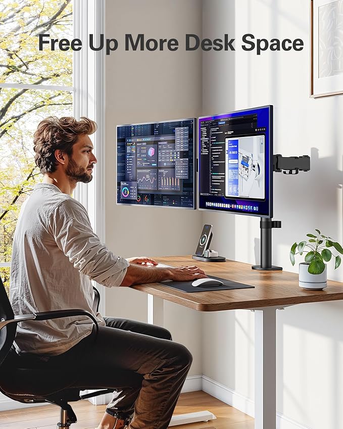 HUANUO Dual Monitor Desk Mount, Heavy-Duty Steel Adjustable Arm for 13-32 Inch Screens, Tilt, Swivel, Rotate, C-Clamp & Grommet Base, Holds up to 17.6 lbs per Arm, VESA 75/100mm