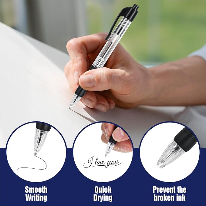 100 Pack Retractable Ballpoint Pen 1.0 mm Medium Point Refillable Smooth Click Writing Pens With Grip for Work Journal Writing Office Supplies