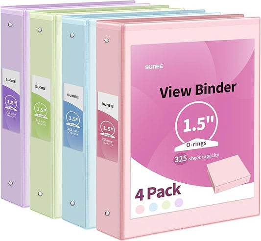 SUNEE 1.5 Inch Binders 3 Ring 4 Pack, Clear View 1 1/2 Inch Binders Three Ring PVC-Free (Fit 8.5x11 Inches) for School or Office Supplies, Assorted Pastel