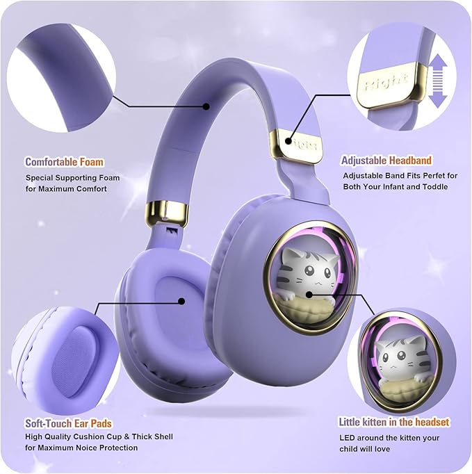 Purple Kids Bluetooth Headphones Wired with Microphone for School - Wireless Boy Girls Noise Cancelling Over Ear Bluetooth Headphones Children Headsets for iPad Kindle Airplane Travel Tablet