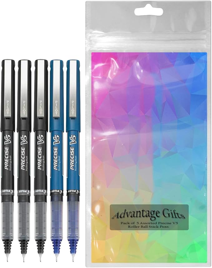 Precise V5 Stick Rolling Ball Pens, Extra Fine Point (.5mm), Assorted Colors Black/Blue Ink, 5-pk; Bundle with Plastic Reusable Pouch