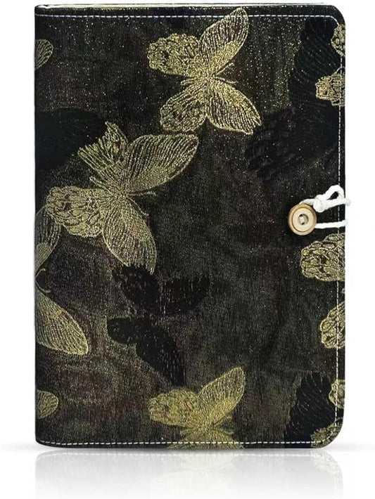 Luxury Refillable Notebook with Grid Pages, Loose Leaf Hardcover 6-Ring Planner, Shimmering Black & Gold Embroidered Butterfly Journal for Study, Work, or Gifts (A6)