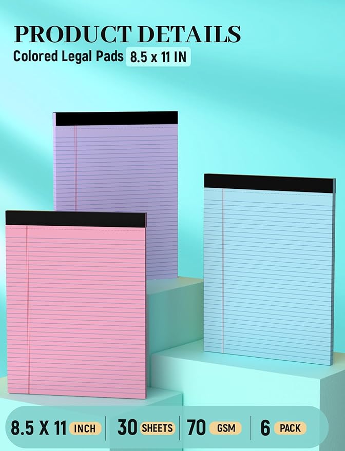 Legal Pads 8.5 x 11, 6 Pack Note Pads 8.5x11, Colored Legal Pads 8.5 x 11 College Ruled, 30 Sheets Per Writing Pads, Perforated Lined Paper Pads with Sturdy Backing, Notepads for School, Office, Home