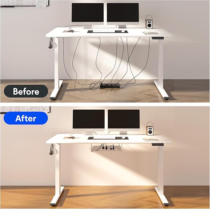 FLEXISPOT EN2 Whole-Piece Standing Desk with Clamp Power Strip, 48 x 30 Electric Stand Up Height Adjustable Desk with Cable Management (White Frame + 48" White Wood Grain Desktop, 2 Packages)