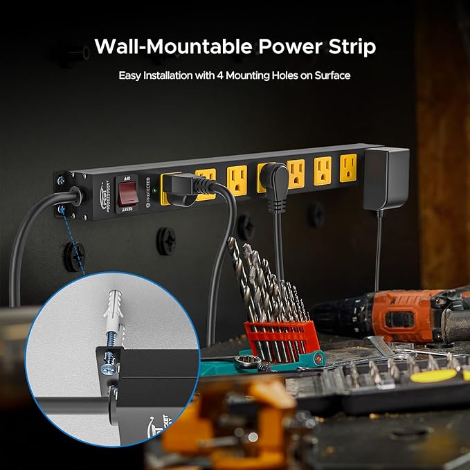 CRST 8 Outlet Metal Long Power Strip,Heavy Duty Surge Protector 2100J, 6 FT Cord Mountable Wide Spaced Workshop Garage Power Strip, 15amp/1875W