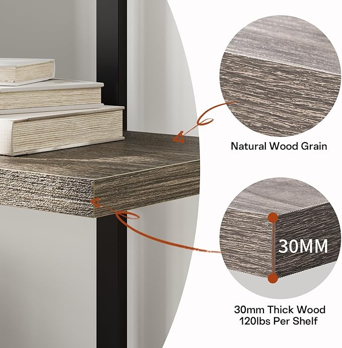 Bookcase, 47 Inch Wide Wood Bookshelf, 120lbs Shelf Capacity, Rustic Open Shelving Industrial Display with Reinforced Horizontal Shelves for Living Room Bedroom Office (6 Tier - Grey) 2 Set