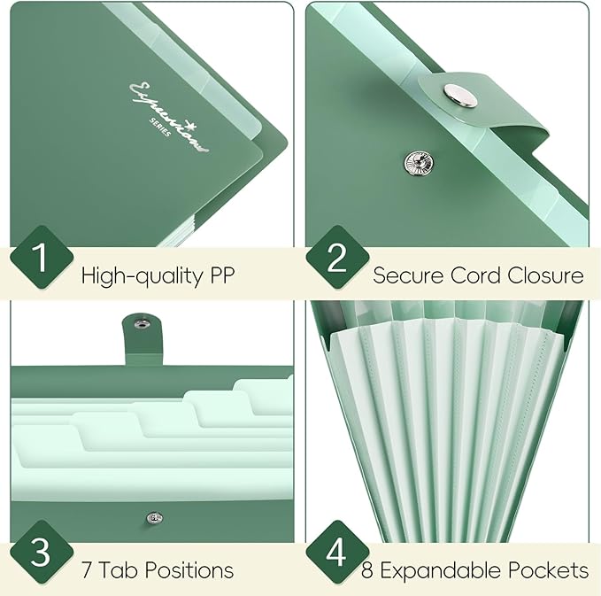 Sooez Elegant Accordion File Organizer with Labels, 8 Pocket Expanding File Folder, Portable Folders for Documents, Cute Paper Organizer for School Office Supplies, Letter Size, Blush