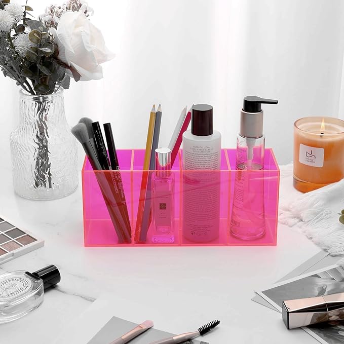 Pen Holder for Desk Neon Acrylic Pencil Holder Cup Makeup Brush Storage Organizer for Vanity, Neon Pink