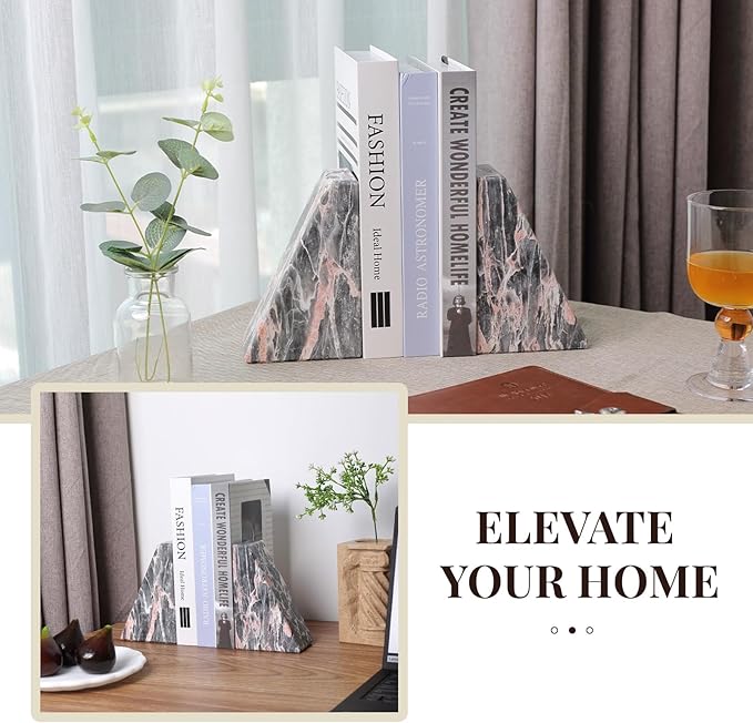 Koville Marble Bookends for Shelves, Large Bookends for Heavy Books, Natural Stone Book Stopper for Books CD Movies, Aesthetic Decorative Book Ends (Grey&Pink)