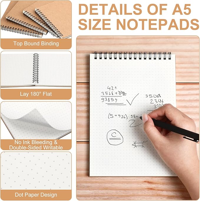6 Pcs Dot Grid Notebook Top Spiral Notebook A5 Size Bullet Dotted Paper Hardcover Dot Journal 8.3''x 5.8'' 140 Pages Spiral Notepads for Sketching Drawing Writing School Office (Brown)