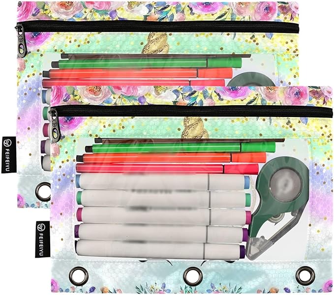 Unicorn Pink Pencil Pouch for 3 Ring Binder, 2 Pack Waterproof Pencil Bags Clear Window Zipper School Office Supplies