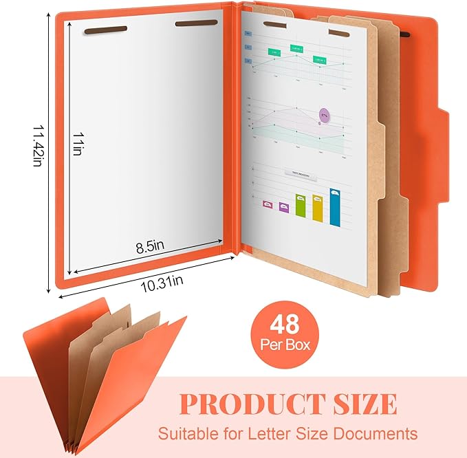 48 Pcs Classification Folders Letter Size, 2 Divider Pressboard File Folders with 3. 5 Inch Expansion, 2 Prongs Fastener, Heavy Duty Office File Organizers for Teachers, Medical (Orange)