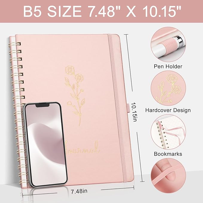 EMSHOI B5 Graph Grid Notebook -140 Pages 100GSM Grid Paper, Vegan Leather Floral Cover with Spiral Binding for Engineering, Bullet Journaling, School & Work - Includes Ruler, Pockets & Stick-Rose Gold