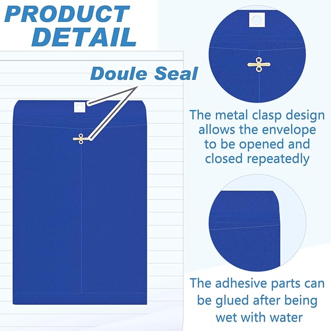 Geyee 100 Pcs Clasp Manilla Envelopes 10 x 13 Inch Gummed Colored Envelopes for Storing or Mailing for Home Office Business Supplies(Navy Blue)