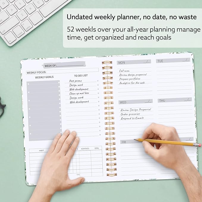Undated Weekly Planner, A5 Weekly To Do List Notebook with Habit Tracker Spiral Binding Weekly Planner Notebook with Stickers Home Work School Supplies, Grean Leaves