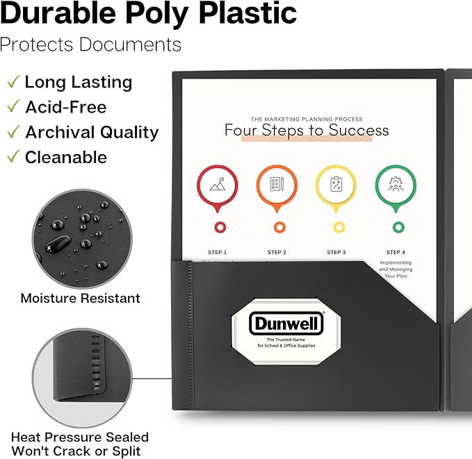 Dunwell Plastic Folders with Pockets (Black, 12 Pack), 2 Pocket Poly Folders for School, Home or Office, Durable Acid-Free Poly, Includes Removable Adhesive Labels