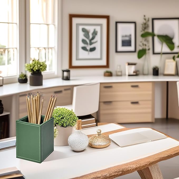 UnionBasic Square Pens Pencils Cup Holder Desk Stationery Organizer, Selected Faux Leather, Malachite Green