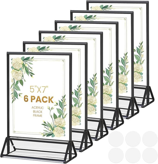 Acrylic Sign Holder 5X7 Black Picture Frame Double-Sided Acrylic Frames for Wedding Table Numbers Photo Frames Flyers Menu with Removable Sticky Dots-6 Pack